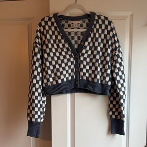 Sincerly Jules Navy & Cream Checkerboard Cropped Cardigan